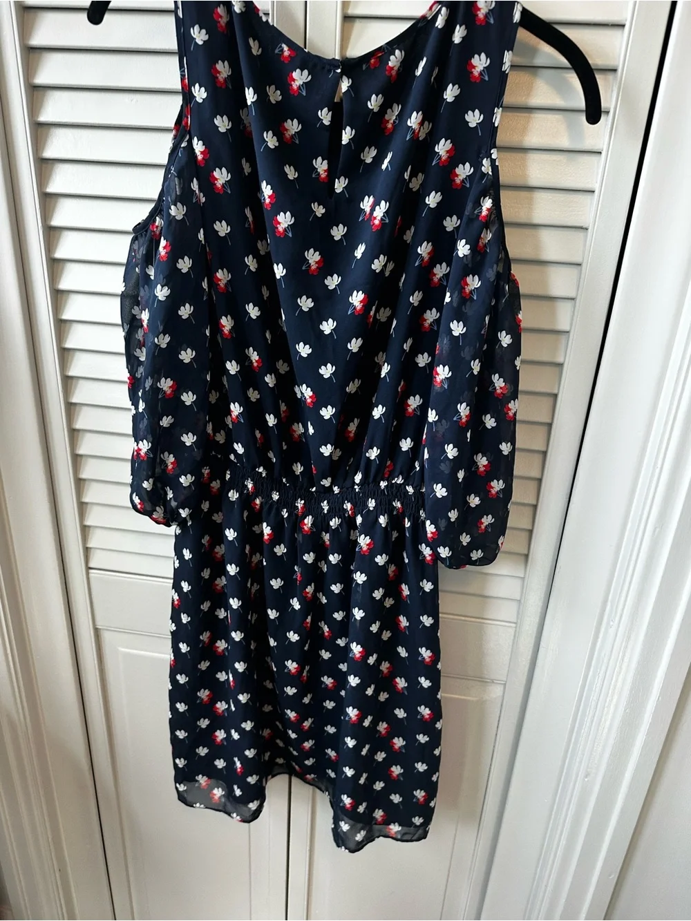 Women’s  Navy Cold-Shoulder‎ Floral Print Dress cut out shoulders sheer sleeves.